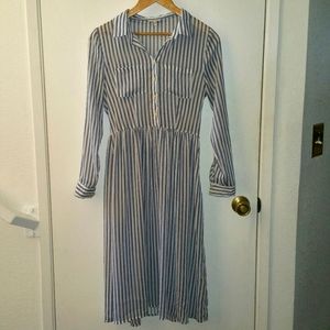 I Love H81 striped sheer blue & white long sleeve shirt dress with button front